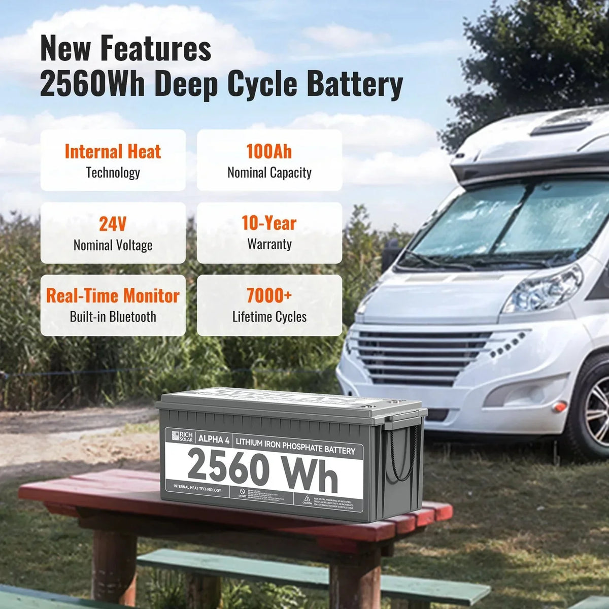 Rich Solar ALPHA 4 24V 100Ah LiFePO4 Battery w/ Internal Heating and Bluetooth