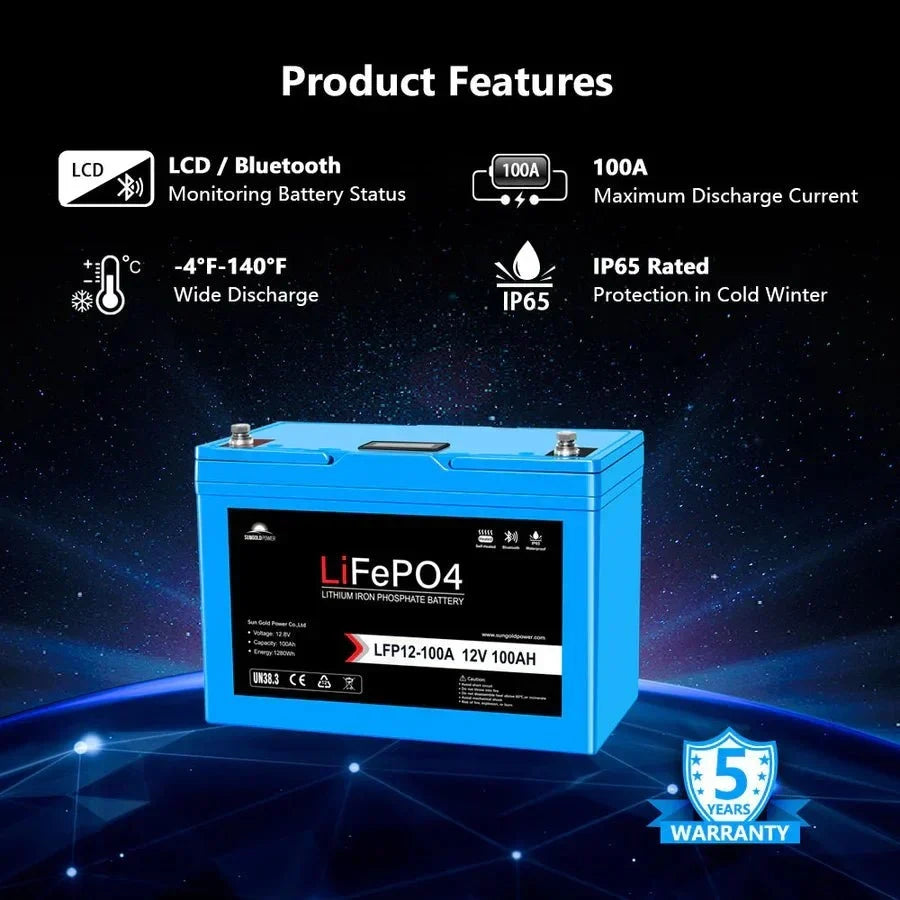 SunGoldPower 12V 100Ah LiFePo4 Deep Cycle Lithium Battery / Bluetooth / Self-Heating / IP65